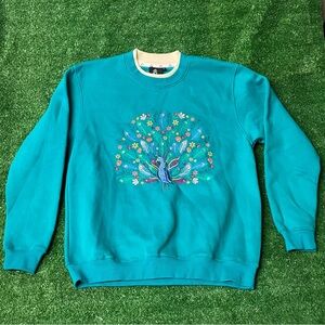 Vintage 1990s Peacock Feather Cute Crewneck Sweater / Double Collar Embroidered